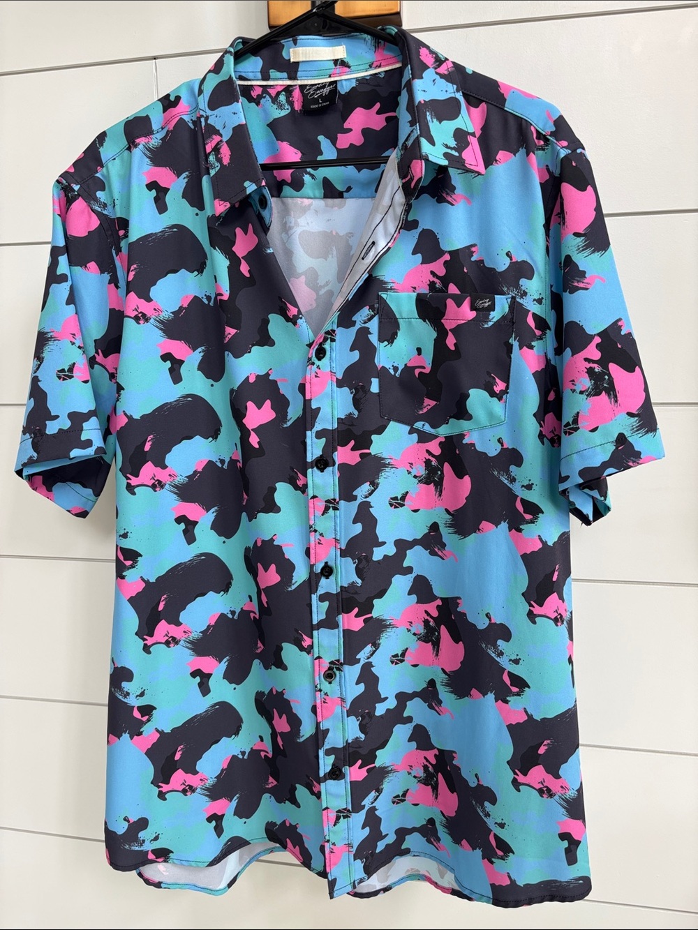 Men's Black, Blue & Pink Abstract Print Short-Sleeve Button-Down Shirt